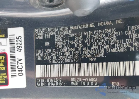 2008 Toyota Sienna Xle из США, поврежденный, VIN 5TDZK22C18S174611